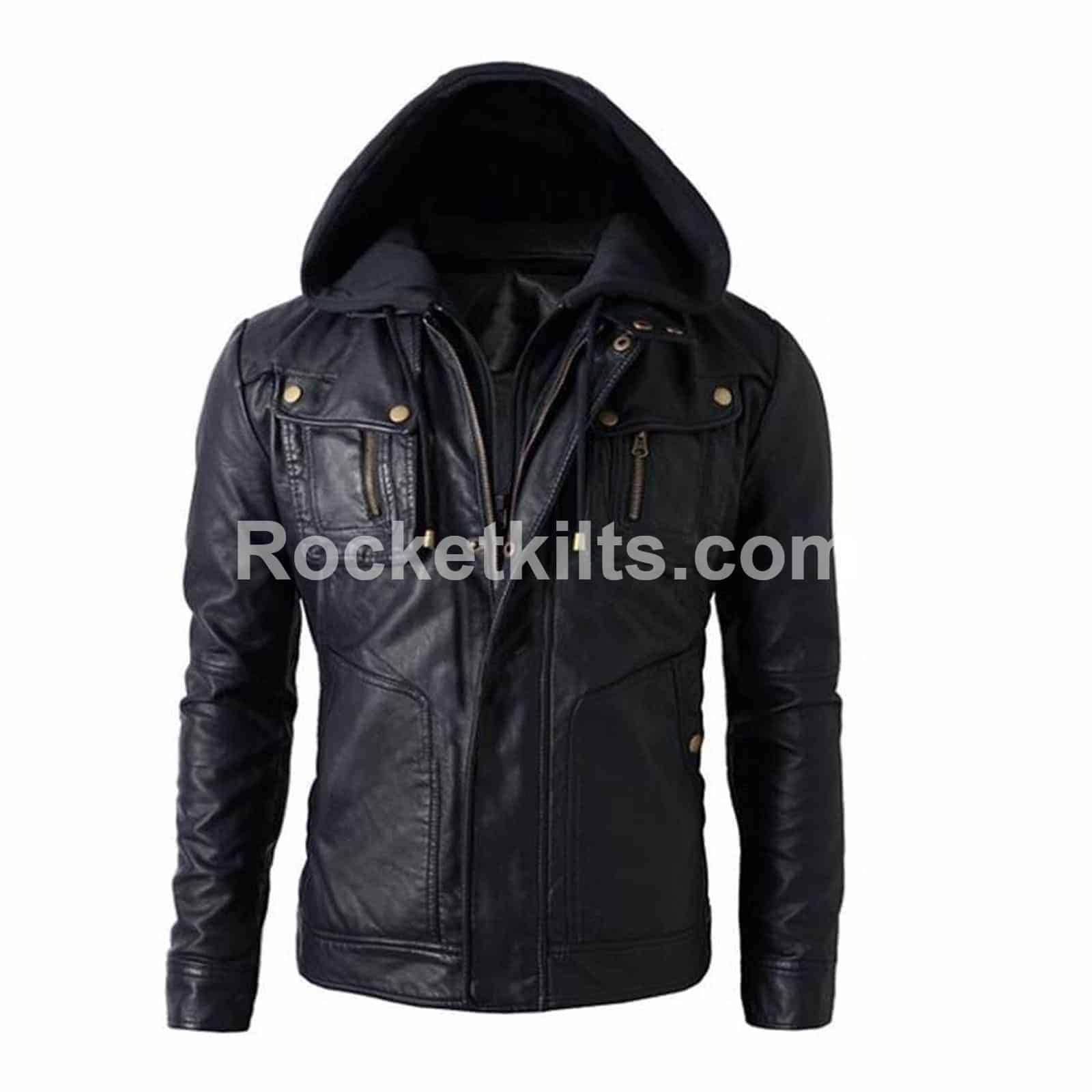 mens leather jacket with hoodie