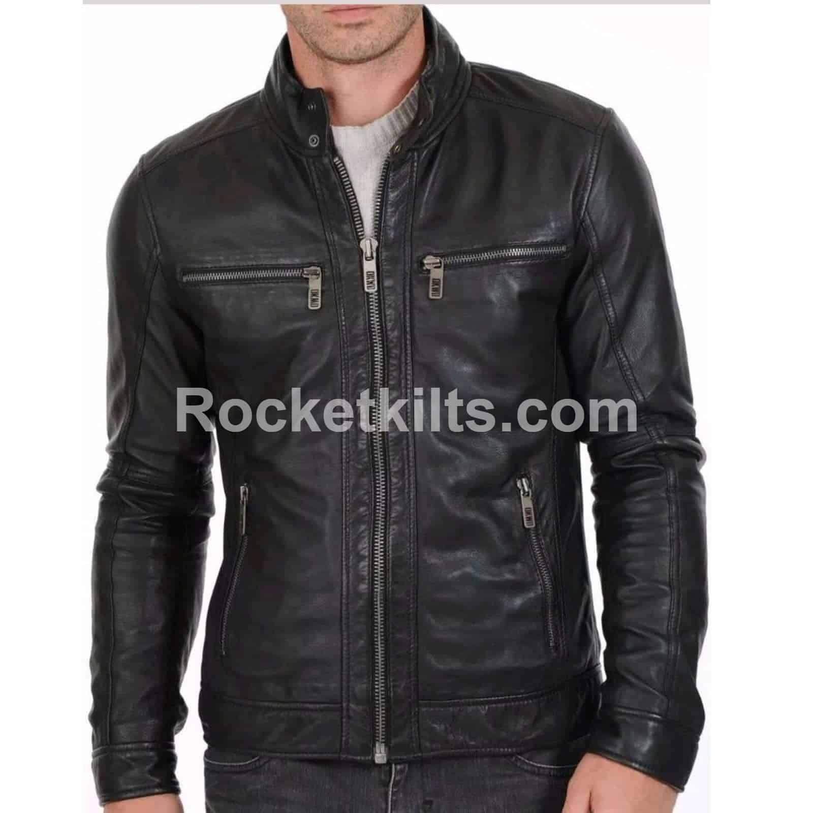 Black Leather Mens Biker Jacket With Snap Closure Mens Biker Jacket Leather Jackets For Men Uk